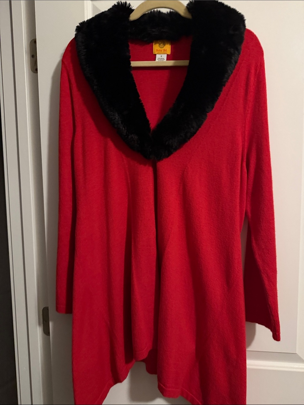 Ruby Rd. Red Cardigan with Black Faux-Fur Shawl Collar-size S